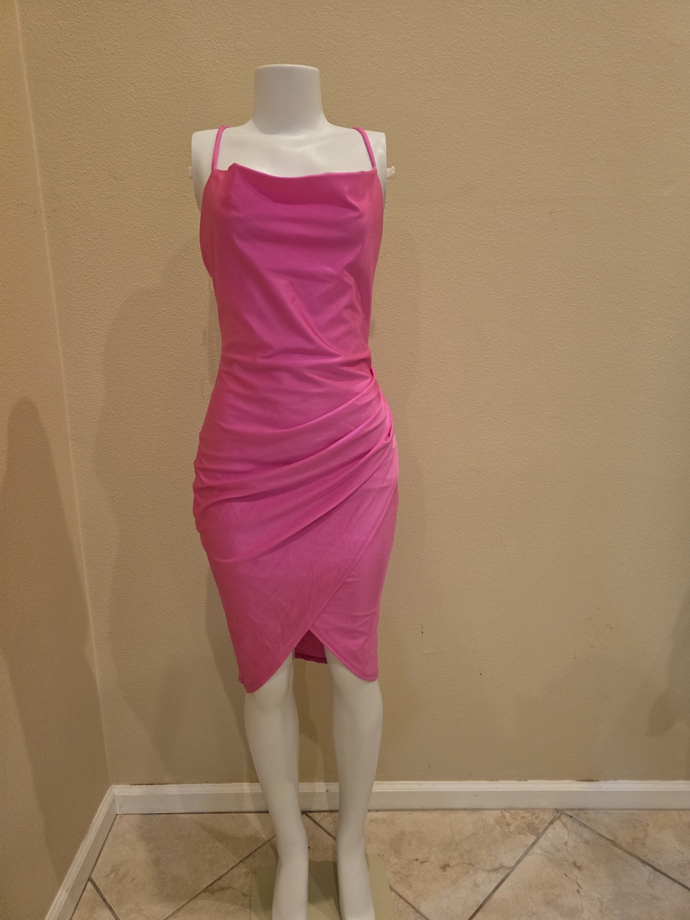 Brand New!Hot Pink Draped Midi Dress with Spaghetti Straps